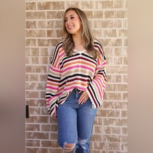 POL Striped Crochet Scoop-Neck Sweater in Pink, Cream & Black🥰 MAKE OFFER🥰